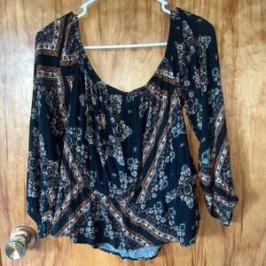 American Eagle Boho Floral Long Sleeve Peasant Blouse Black Top Size Large